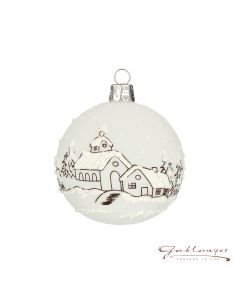 Christbaumkugel aus Glas, 7 cm, transparent weiß mit verschneitem Dorf