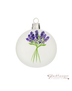 Christbaumkugel aus Glas, 7 cm, weiß mit Lavendelstrauß