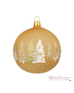 Christbaumkugel aus Glas, 10 cm,  gold, verschneite Bäume