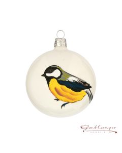 Christmas Ball made of glass, 8 cm, white with titmouse