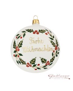 Christmas Ball made of glass, 10 cm, "Frohe Weihnachten", white