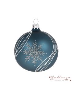 Christbaumkugel aus Glas, 8 cm, blaugrau mit Schneeflocke