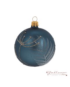 Christbaumkugel aus Glas, 8 cm, blaugrau mit Blättermuster