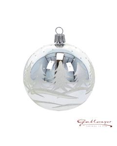 Christbaumkugel aus Glas, 8 cm, silber mit weißen Bäumen