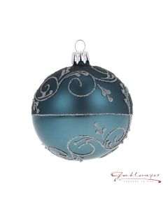 Christbaumkugel aus Glas, 8 cm, blaugrau mit Ornamenten