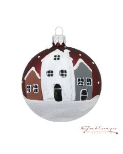 Christbaumkugel aus Glas, 8 cm, verschneite Häuser, weinrot