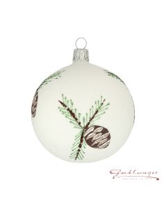 Christmas Ball made of glass, 8 cm, white with branches and cones