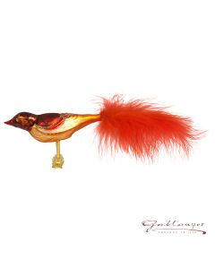 Bird made of glass, 18 cm, red-gold with feather tail