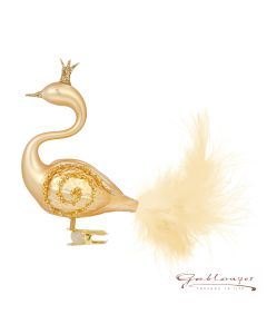 Vogel aus Glas, Schwan mit Krone, 16 cm, gold mit Federschwanz und Clip