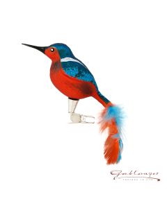 Bird made of glass, Kingfisher, 14 cm, feather tail, blue-orange