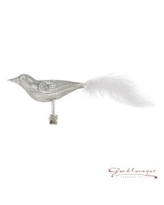 Vogel aus Glas,  15 cm, grau mit weißem Federschwanz
