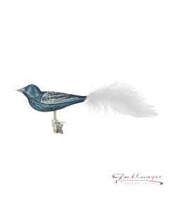 Vogel aus Glas, 14 cm, blaugrau mit weißem Federschwanz