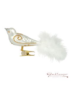 Bird made of glass, 13 cm, white with golden glitter