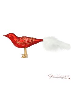 Vogel aus Glas, 16 cm, rot mit weißen Federn