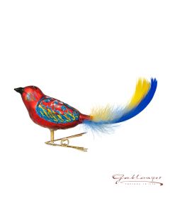 Bird made of glass, red with yellow-blue feather-tail, 8 cm
