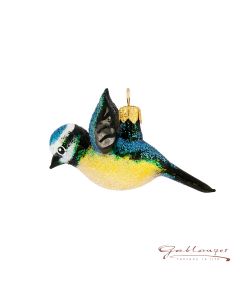 Vogel aus Glas, Meise fliegend, 7 cm, blau-gelb