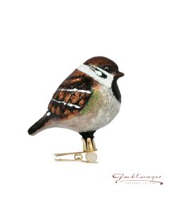 Vogel aus Glas, Spatz dick, 8 cm, braun-weiß