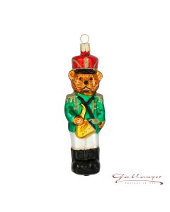 Glasfigur, Bär mit Saxophon, 12,5 cm, grün-rot