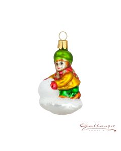 Glass figure, boy with snowball, red-green-gold, 7 cm