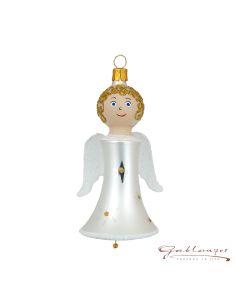 Glasfigur, Engel mit Glocke, 12 cm, weiß-gold