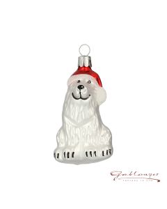 Glass figure, white dog with christmas hat, 8,5 cm
