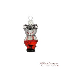 Glasfigur, Miniatur Maus, 5 cm, grau, rot