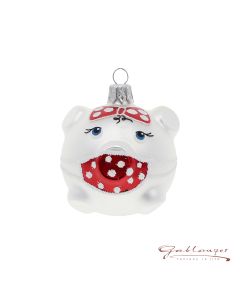 Glass figurine, Lucky pig with mask, 6 cm, white-red