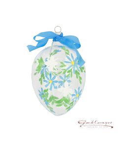 Easter Egg made of glass, 10 cm, transparent with blue flowers