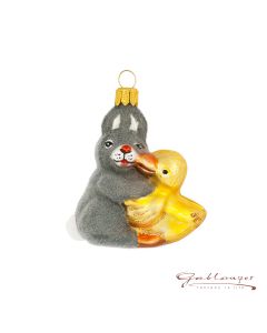 Glasfigur, Hase und Ente kuschelnd, 6 cm, grau gelb