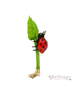 Glass figurine, Ladybug on leaf, 14 cm, red-green