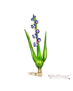 Glass figurine, Bell flower on clip,  15 cm, green, blue, purple