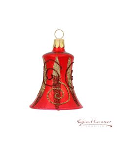 Bell made of glass, 5,5 cm, red shiny with red and golden glitter