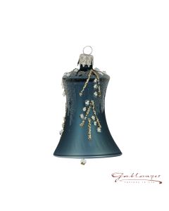 Bell made of glass, 5,5 cm, blue-grey with glitter