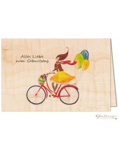 Glückwunschkarte aus Holz, Mädchen auf Rad "Alles Liebe zum Geburtstag"