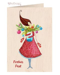 Glückwunschkarte aus Holz, Mädchen mit Adventgesteck "Frohes Fest"