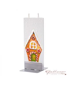 Elegant flat candle "Gingerbread House" with 2 wicks and holder, handmade, non-drip