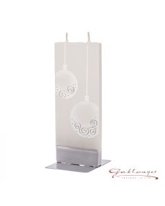 Elegant flat candle "White Baubles" with 2 wicks and holder, handmade, non-drip