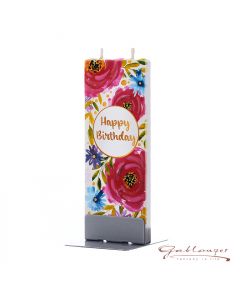 Elegante Flachkerze "Blumen mit Happy Birthday" mit 2 Dochten und Halterung, handgefertigt, tropffrei