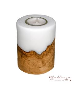 Wodden candle with Tealigth insert, 10 cm, white-brown