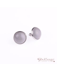 Stud earrings with shiny acrylic cabochon, light gray