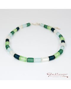 Necklace with glass rollers,  matt silver green