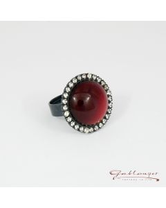 Ring, glass stone with rhinestones, dark red