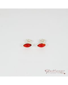 Stud earrings, oval with glass stone, bright red