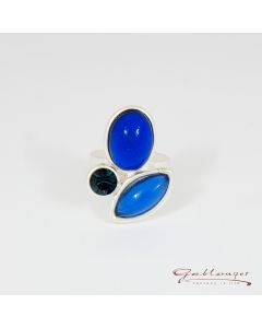 Ring, 3 glass stones, blue-mix