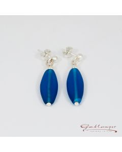 Stud earrings, elongated glass stone, blue