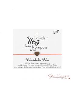 Good luck bracelet with heart made of wood, coral colored ribbon ribbon